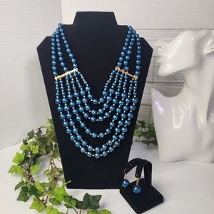Blue Multi Strand Faux Pearl Necklace and Earrings Set